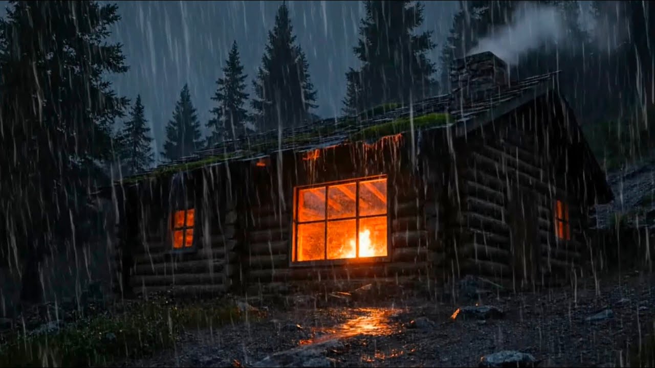Rainy Night in a Warm Cabin – Heavy Rain and Fireplace Sounds for Deep ...