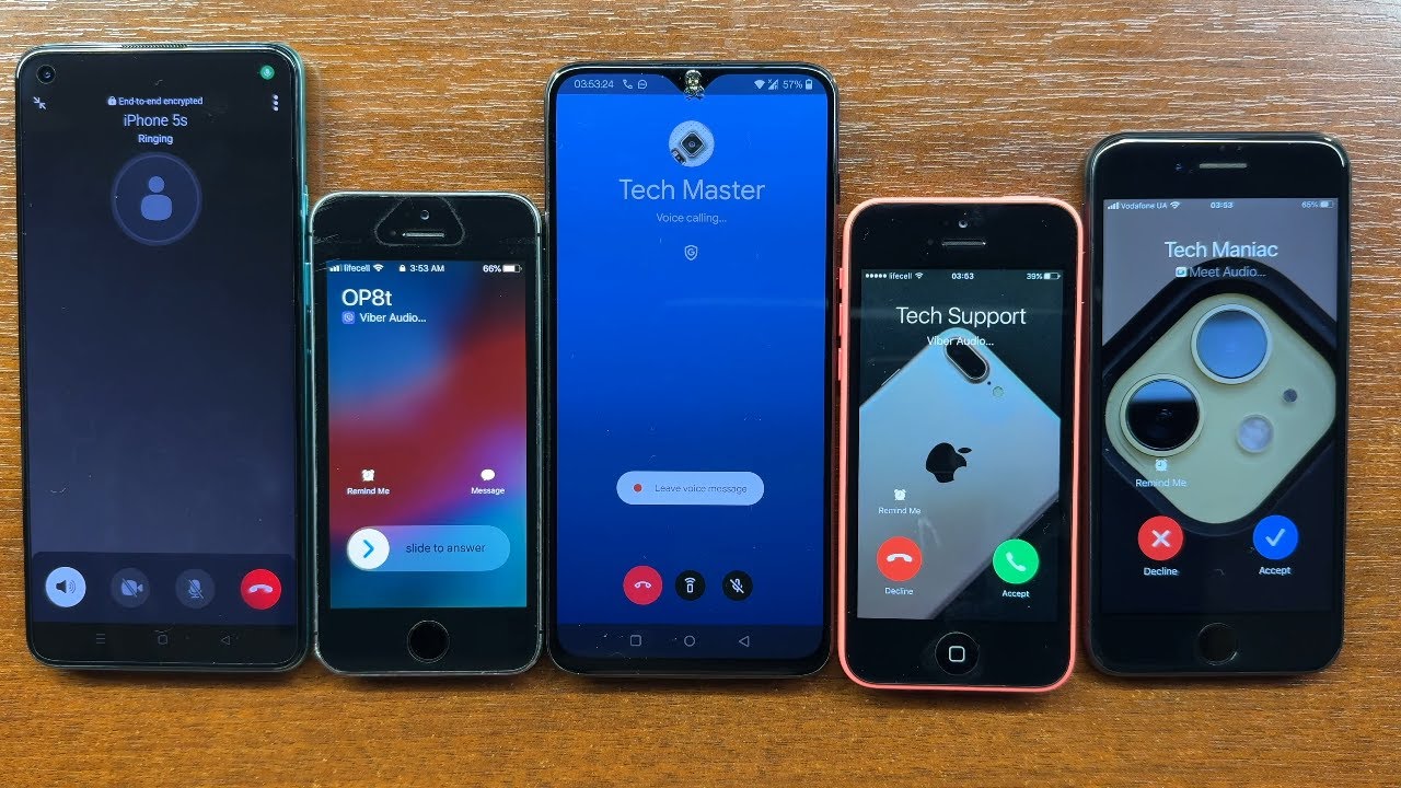 OnePlus 8T + iPhone 5s + OnePlus 6T + iPhone 5c + 7 + 8 Plus Google Meet Duo vs Viber Incoming Call
