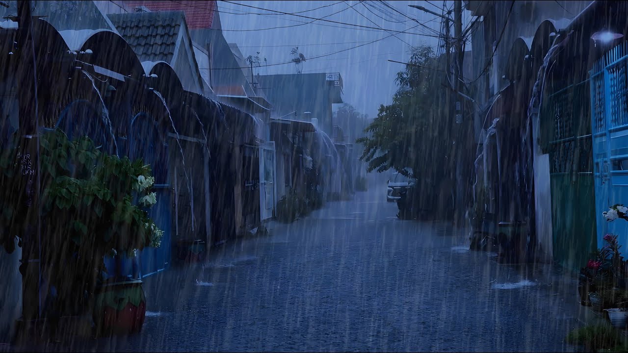 Tranquil Monsoon Night in a Village: Intense Rain, Occasional Thunder & Nature Sounds for Sleep