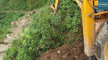 Opening Blocked Hilly Road-Backhoe Loader-Removing Landslide Dirt
