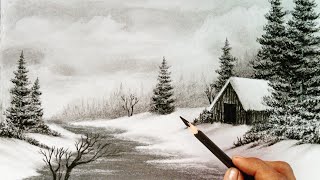 Winter Nature view landscape scenery drawing with pencil\/\/ Charcoal pencil drawing easy\/\/