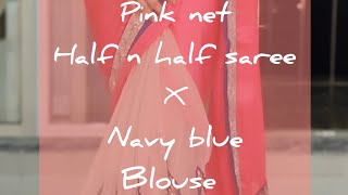Pink Net Half N Half Saree With Blue Border Teamed Up With Sleeveless Navy Blue Readymade Blouse