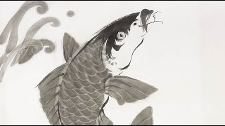 Sumi-e: Carp climbing up a waterfall in ink painting by Tohun Kobayashi. / 小林東雲 水墨画で描く節目描登鯉図