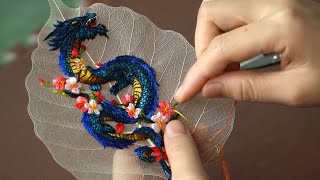 Blue Dragon Embroidery on Bodhi Leaves