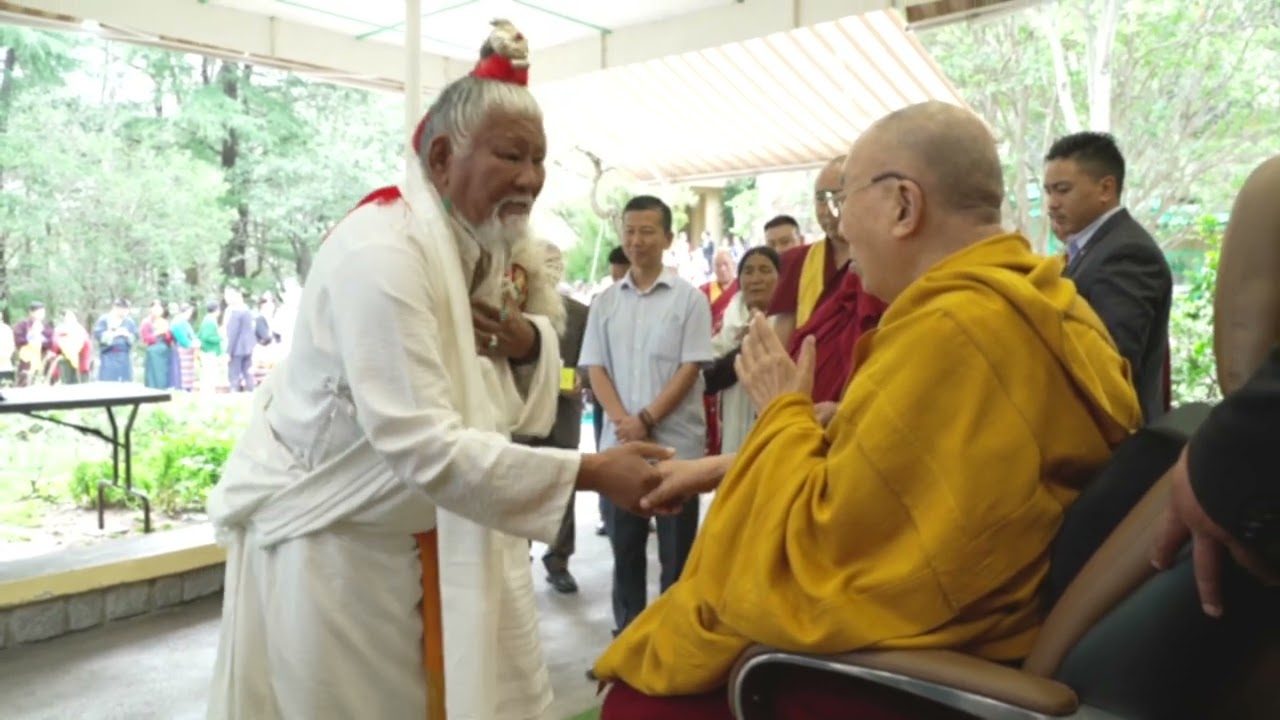 Loten Namling, a Tibetan artist presenting a traditional Drekar song to HHDL 2025-05-30