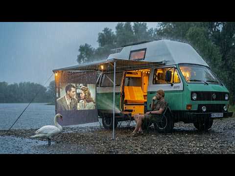 Wild Lake & Old Camper | Outdoor Movie Night in the Rain | Sounds of Camping | ASMR