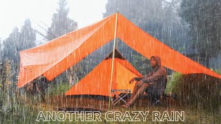 STRONG RAIN & WIND! solo camping in heavy rain,  bonfire under the tarp, warm shelter