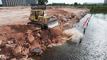 Ep27 - Dozer Showing Power Moving big Rock into Water Best Skills Operator on Land Filling
