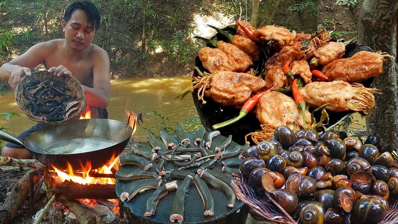 Primitive cooking  Catch and cook snake for foods + 2 videos cooking of survival
