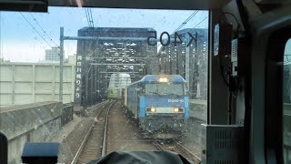 【2025/06/08 朝の常磐線を走る貨物列車·E531系車内より】北千住―南千住間を走る88レ(中央東線上り方面 南松本→隅田川·EH200-10牽引)