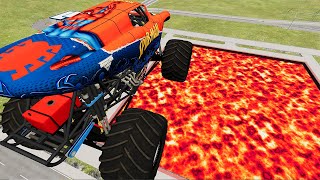 Cars vs Lava Pools Monster Truck, School Bus, Tank #34 – BeamNG.Drive | BeamNG-Destruction