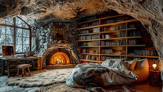 Relaxing with Snowstorm Day | Home in Cave Ambience | Blizzard & Fire Sound for Deep Sleep, Calm