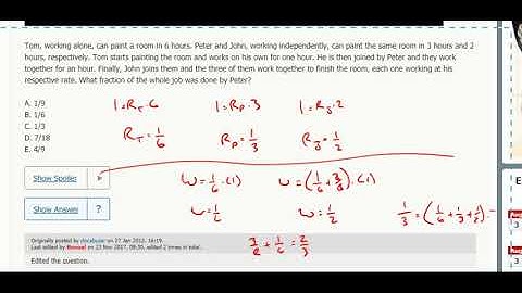 Work 20- Tom, working alone, can paint a room in 6 hours. Peter and John, working independently, can