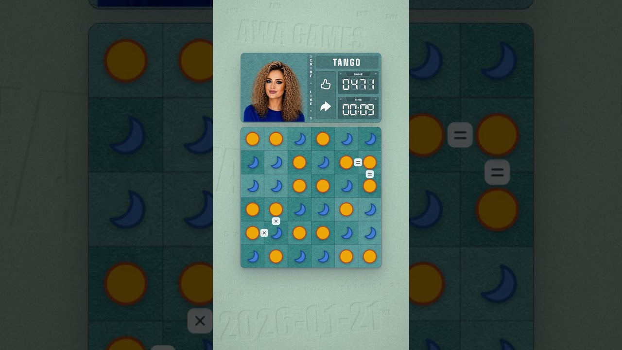 LinkedIn Tango #471 solved board for January 21, 2026, 6x6 grid