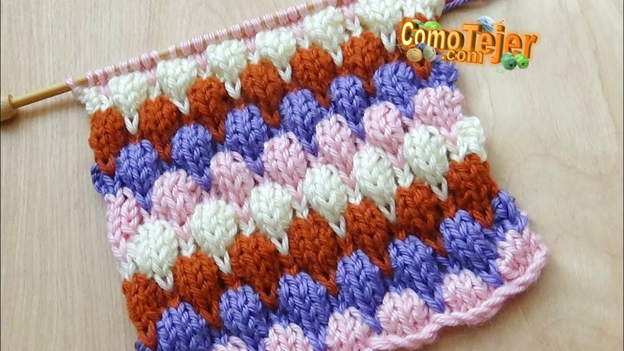 Cómo Tejer Punto Multicolor.  Bobble Knitting Pattern in Colors 2 agujas - palillos - tricot (922)