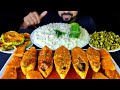 Spicy hilsa fish curry brinjal fry lady finger fry rice chili asmr mukbang eating  livetoeatt