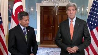 Secretary Kerry Camera Spray with Singapore Minister for Foreign Affiars Dr. Vivian Balakrishnan