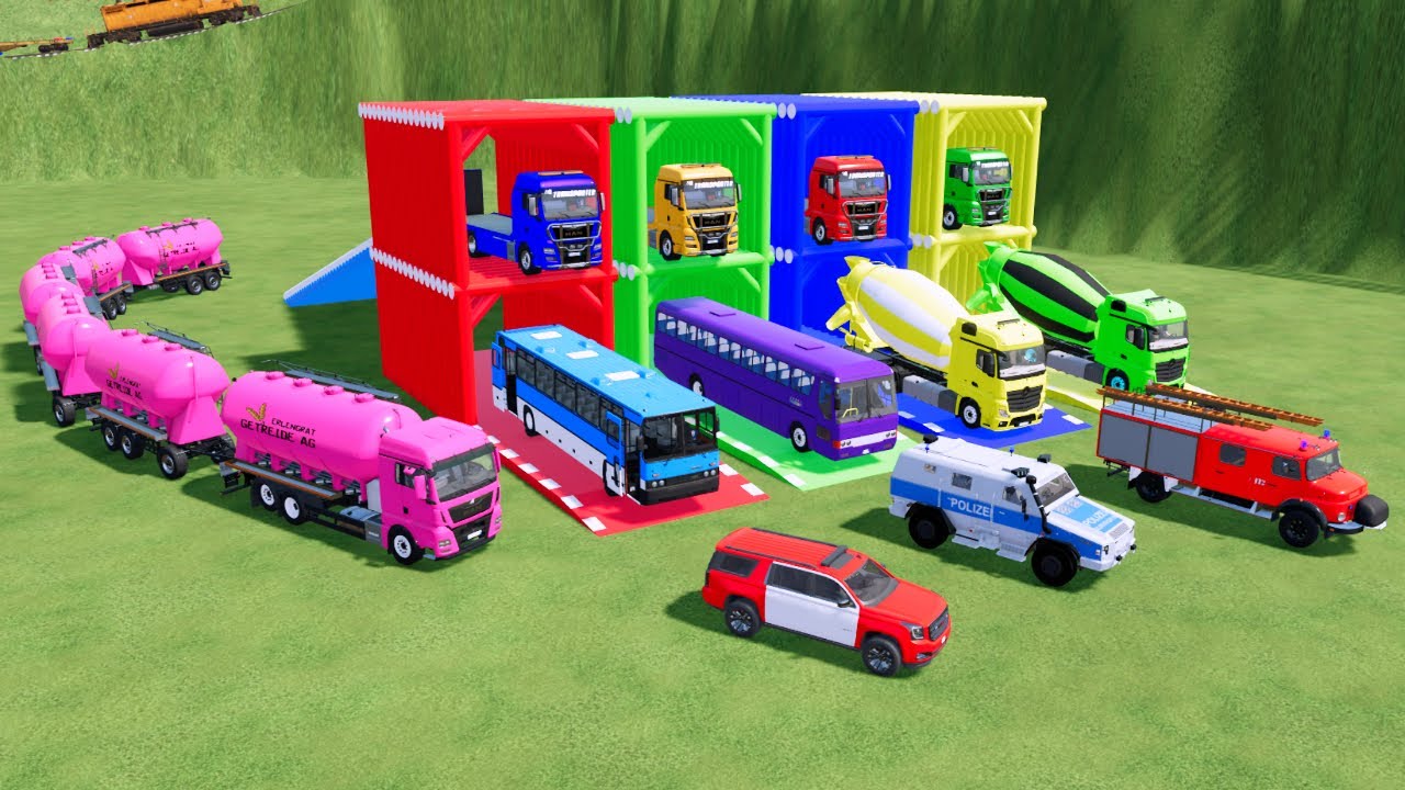 Перевозка красочной розовой длинной цистерны, автобетоносмесителя, грузовика Kara, полицейских ма...