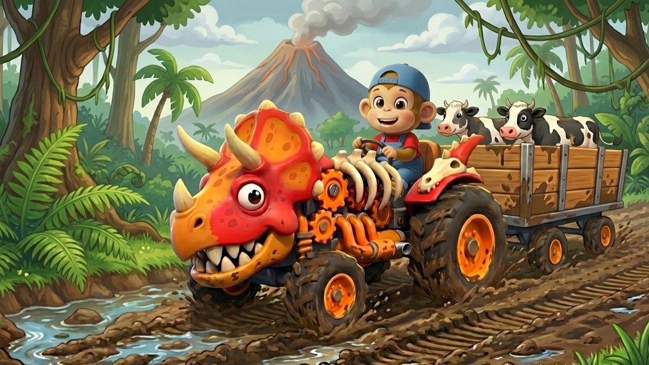 Monkey Funny | Dinosaur Tractor Adventure to Protect Animals | Monkey Cartoon