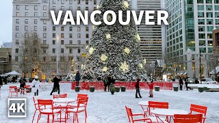 【4K】Snowy Walk in Downtown Vancouver | White Christmas | Canada (Relaxing Sounds Of Snowfall)