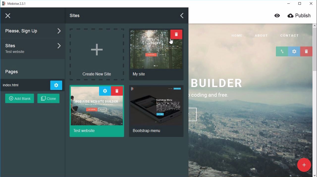 'Sites' panel – Mobirise HTML5 Website Builder v2.3