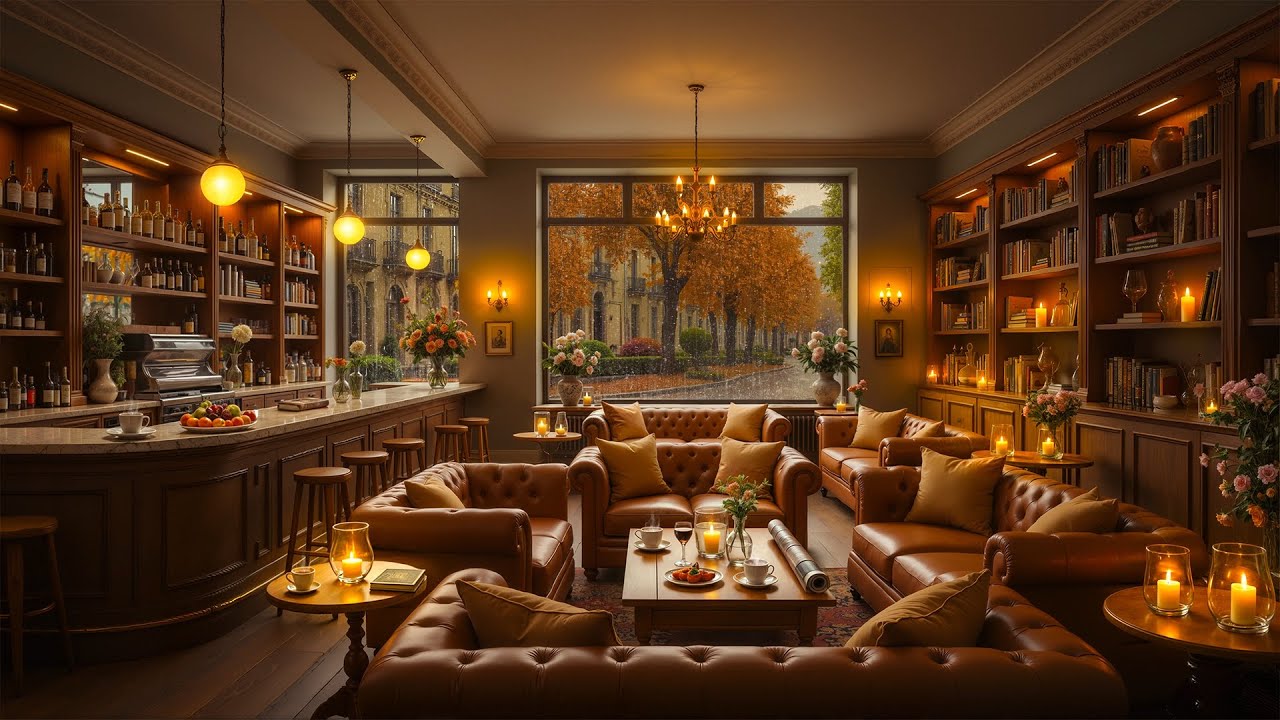 Autumn Rainy Jazz π Cozy Lounge Bar Ambience with Candlelight Glow ...