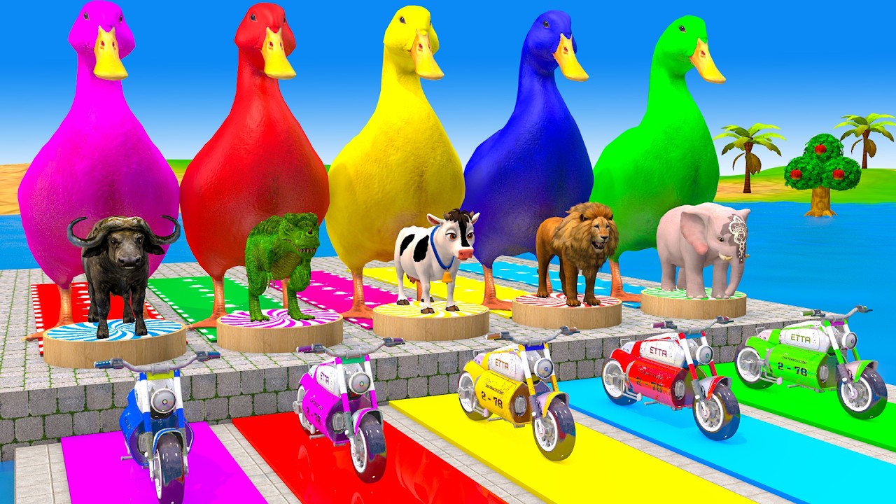 Long Slide Game With Cow Elephant Gorilla Hippopotamus Tiger - 3d Animal Game - Funny 3d Animals