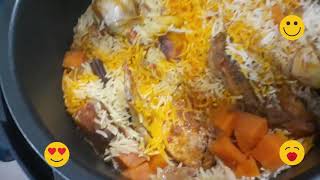 Resepi Nasi Arab Maglubah Mendhi Ayam menggunakan Noxxa dan air fryer hidang guna Dessini 28cm.