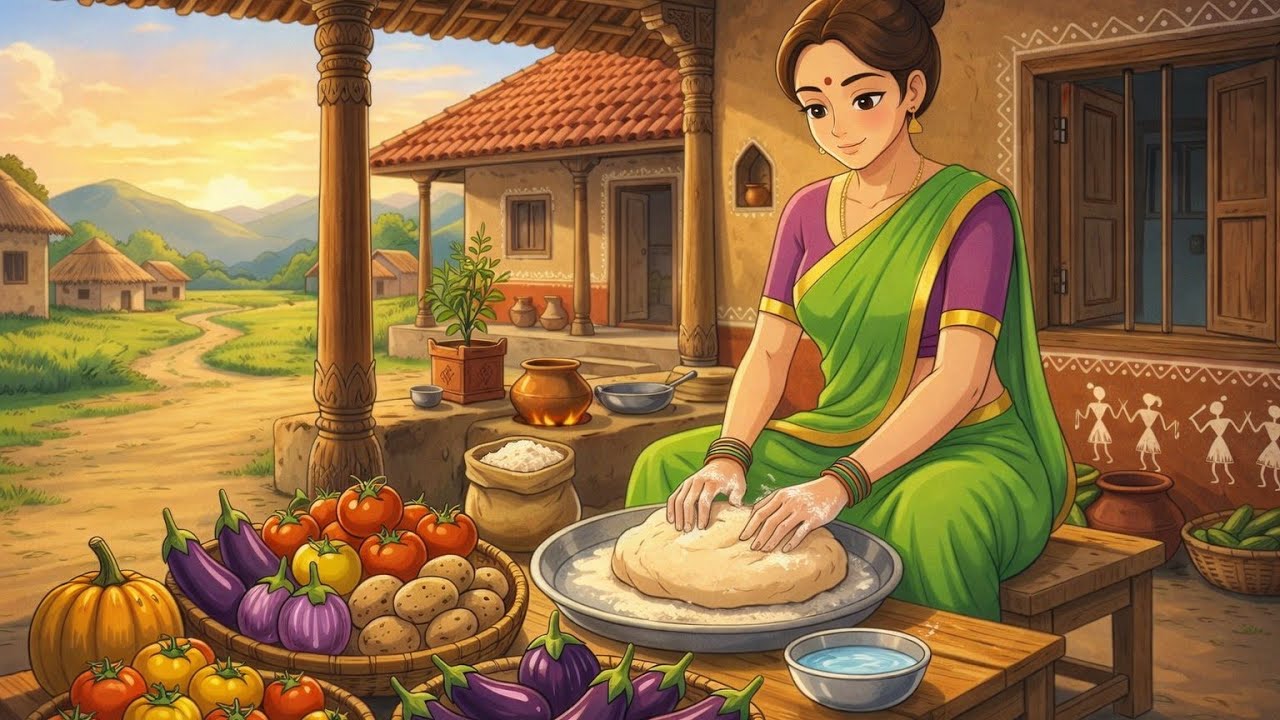 Peaceful village life in Indian ghibli style 