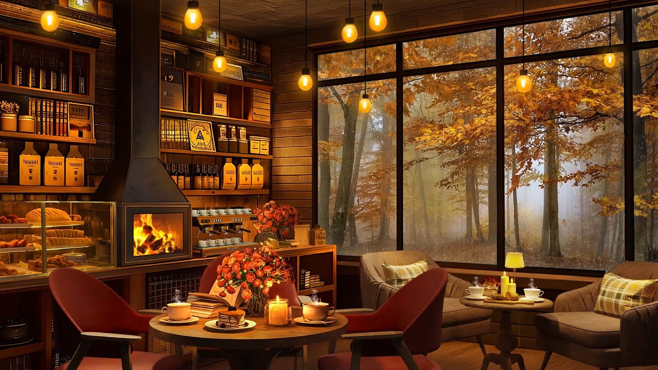 A Cozy Morning in Autumn Cafe Ambience 🍂 Relaxing Piano Jazz Music & Crackling Fireplace for Work