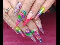 Acrylic Nails/Neon Rainbow acrylic design/3D Rainbow Rose