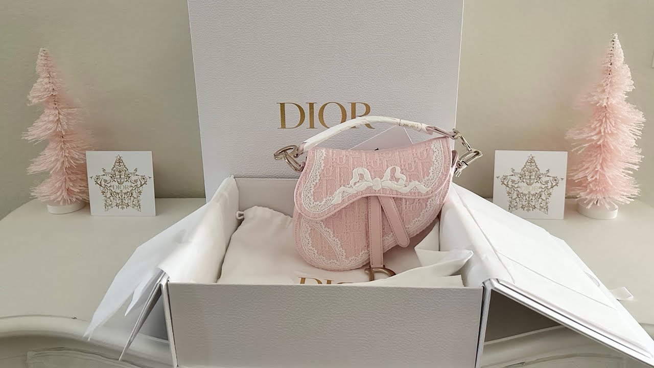 🎀CHRISTIAN DIOR 🎀Small Saddle Bag🎀 Pink Jacquard & Lace Embroidery 