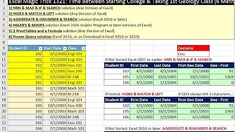 Excel Magic Trick 1321: Time Between Starting College & Taking 1st Geology Class (6 Methods)