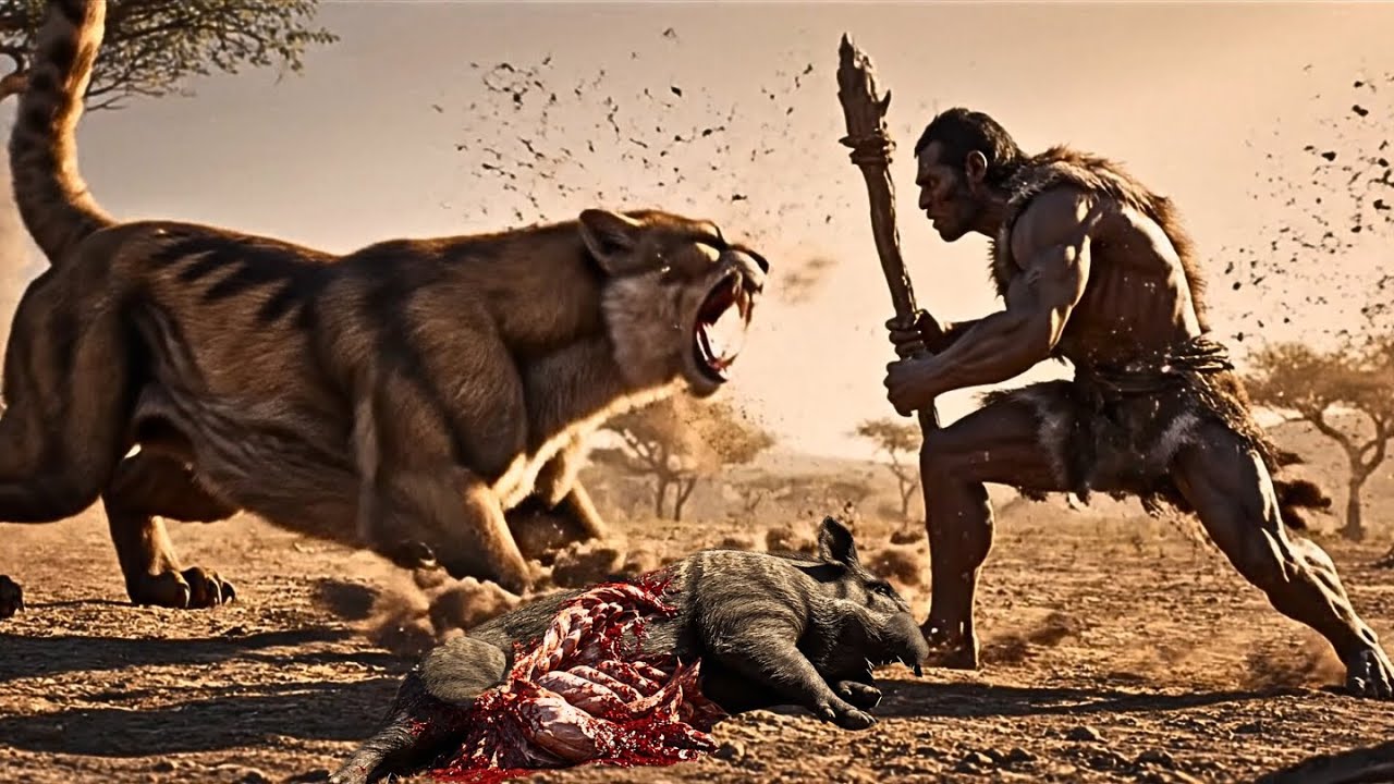 Homo sapiens steal food from saber-toothed tiger's mouth for the first time