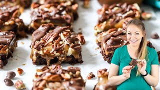 Fudgy Turtle Brownies Topped with Nuts and Dripping with Caramel