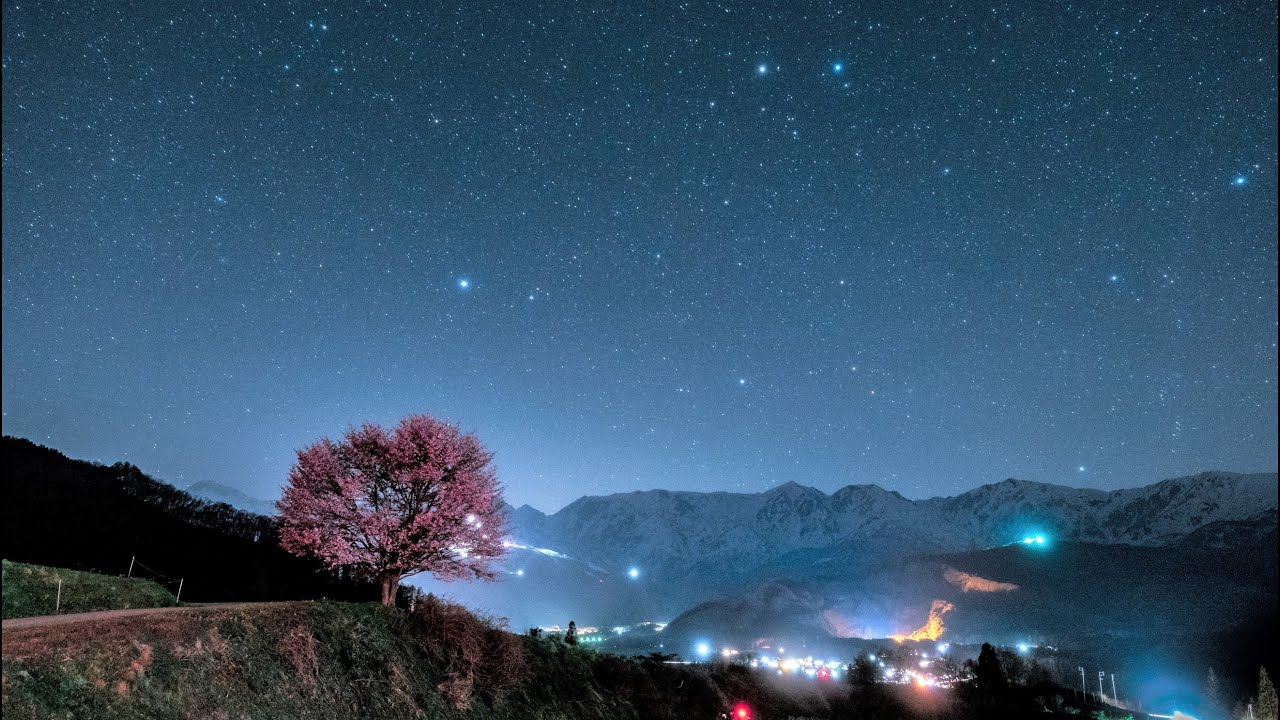 白馬村 大町タイムラプス 4k 野平の桜に降り注ぐ星空 19年5月 Japan Time Lapse 4k Youtube