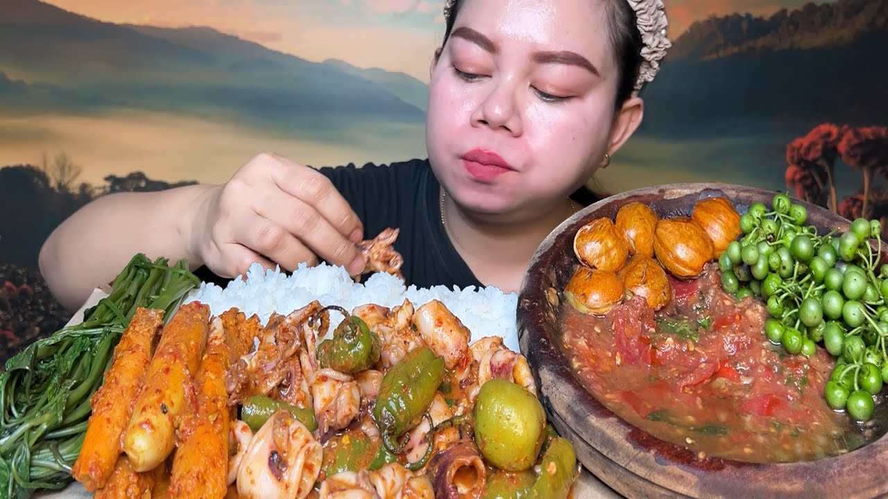 Menu desa gulai cumi cabe gendot telor tebu sambal kencur jengkol tua kangkung rebus leunca MUKBANG