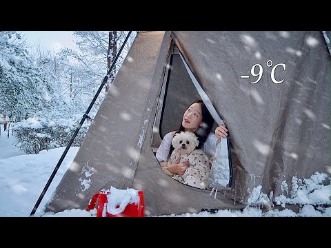 🌨️-9℃의 폭설 속, 원터치 텐트로 따뜻한 설중 캠핑 가능할까? / 뜨끈한 마라탕과 초코 츄러스 / 폭닥한 누잠 프라임웜 발열 이불 / 캠핑 브이로그 / 솔로캠핑 / 동계캠핑