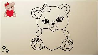 How to draw a cute  teddy bear holding a heart 💓