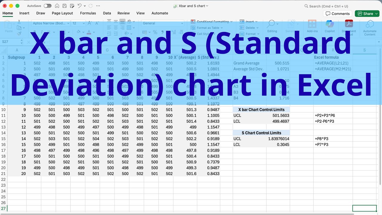 Узнайте, как создавать диаграммы X-bar и S (стандартное отклонение) в Excel.