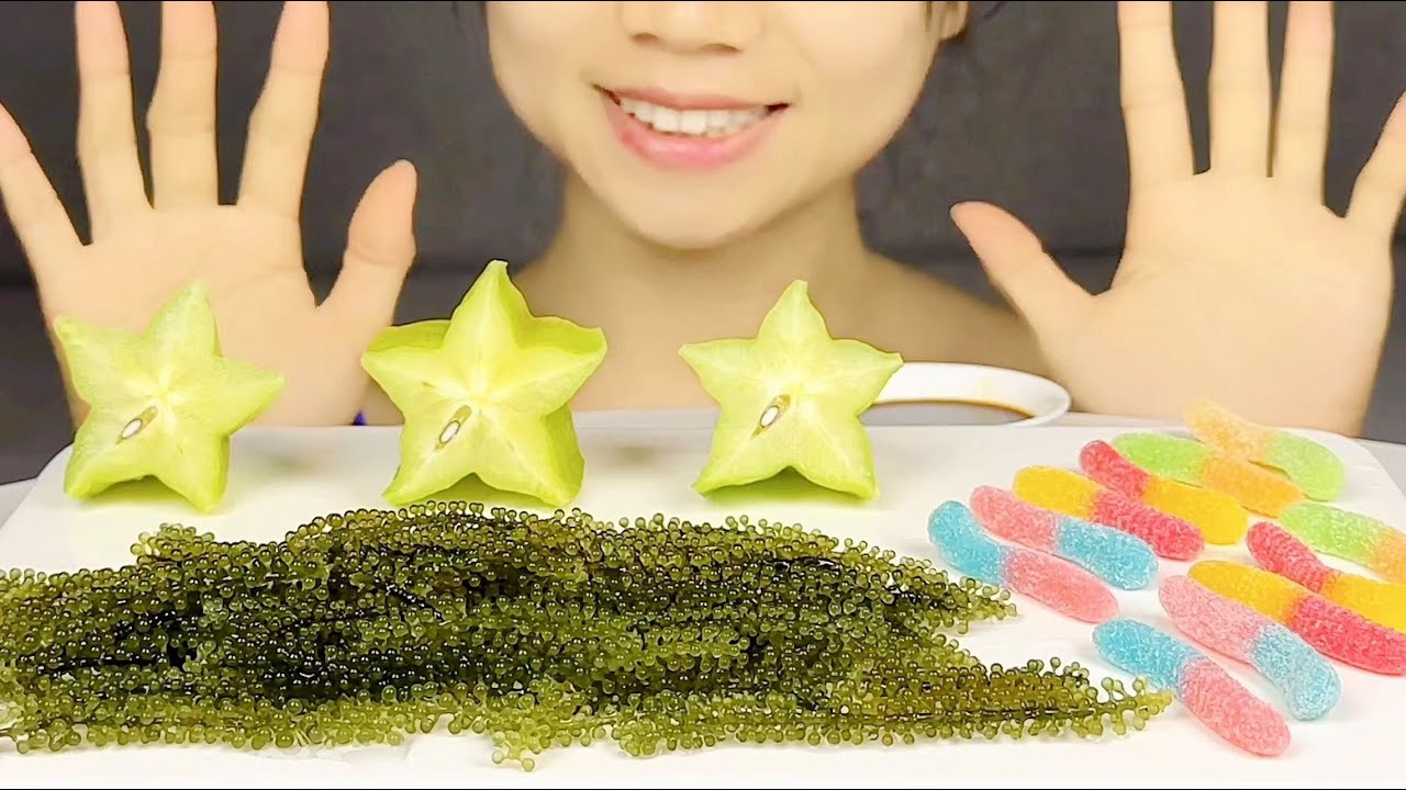 ASMR MUKBANG COLLECTION OF SEA GRAPES WITH STAR FRUITS, GUMMY, FROZRN BERRIES | ASMR EATING SOUNDS