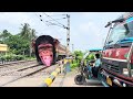 Amazing Indian new monkey,intercity express train, and local train level crossing 