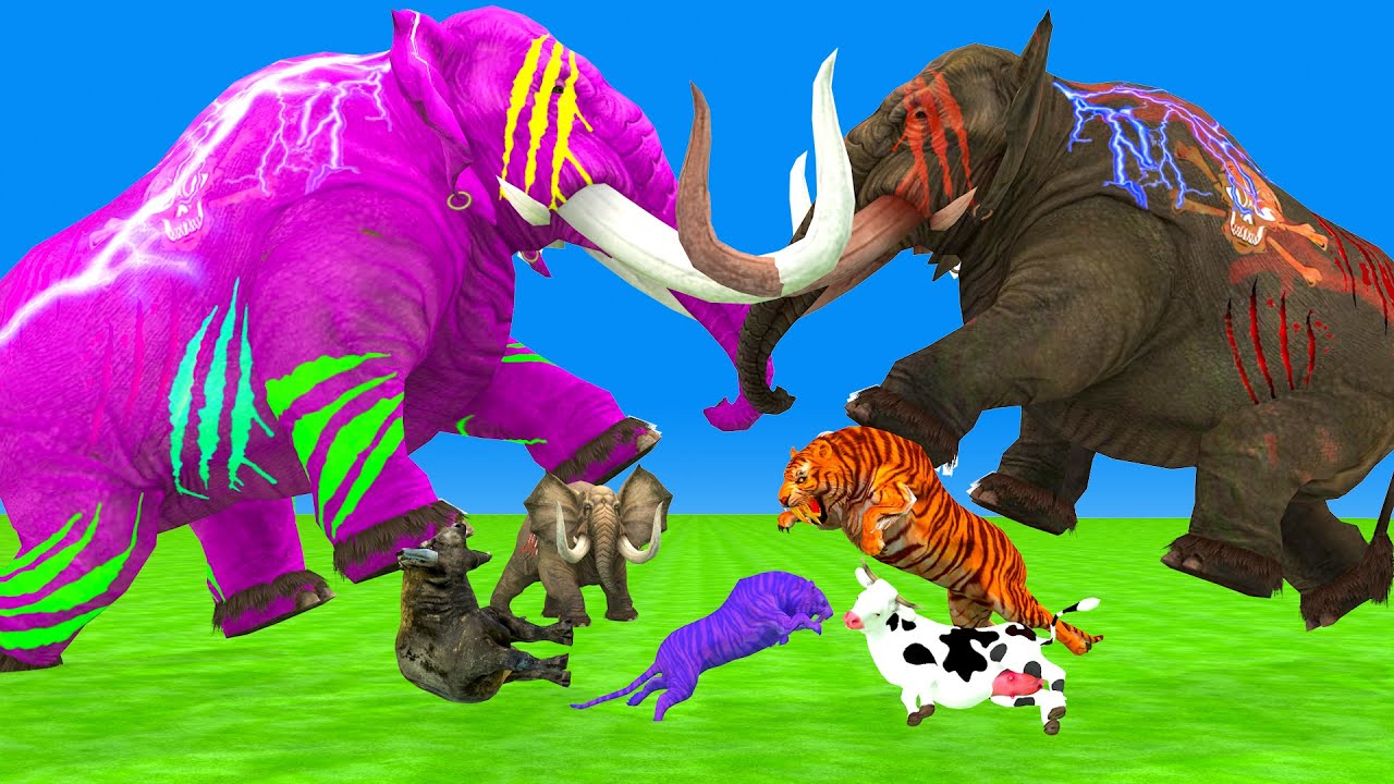 3 Giant Elephant Cow Vs Hybrid Elephant Hynes Vs 5 Giant Lion Cheetah Bull Saved By Woolly Mammoth