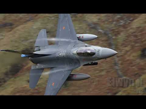 F16 Fighters Fast & Low in the Mach loop  Four Belgian F-16 Fighting Falcons Low Level in Wales UK