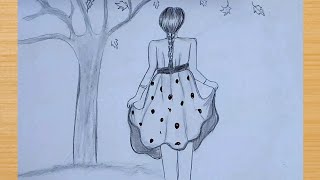 رسم فتاة بالخلف وهي تنظرو الى اوراق الاشجار