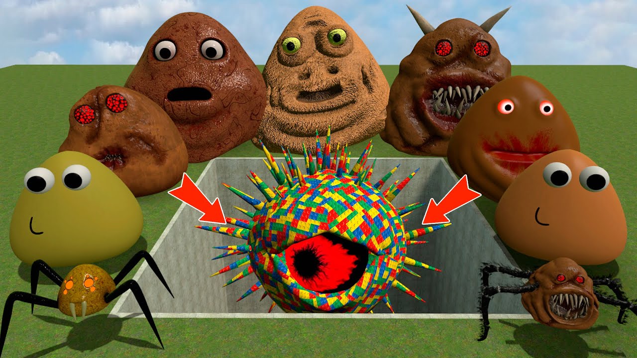 ALL NORMAL 3D POU BOU'S REVENGE Monsters VS LEGO Mr BLACK SUN SPRUNKI PHASE 4 in BIG HOLE in Gmod