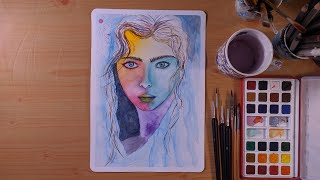 Abstract Art Girl Face Portrait with Watercolor Painting Tutorial | Step-by-Step Guide for Beginners