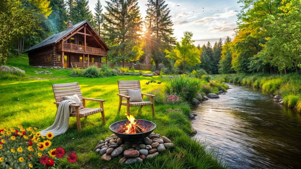 Tranquil Cabin Retreat by the River | Warm Campfire Sounds & Soft Birdsong to Unwind