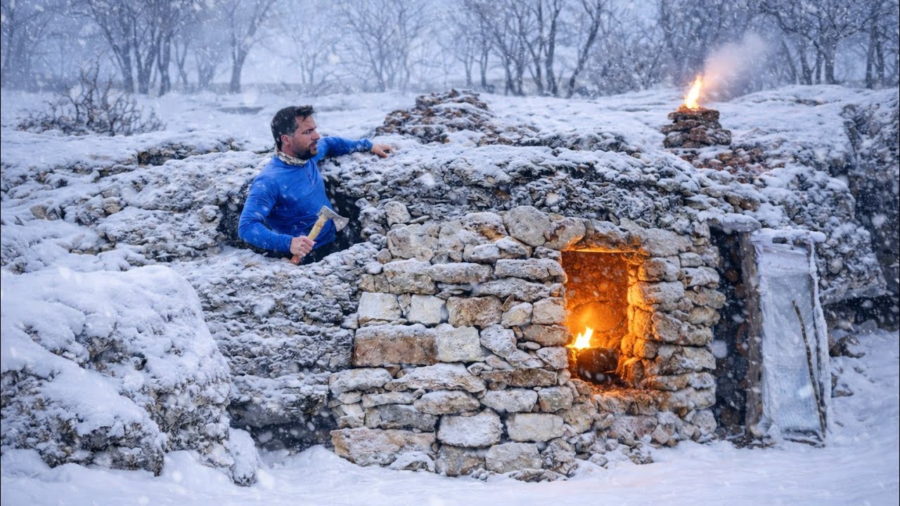  Trapped in Blizzard. Building a  cave survival shelter with fireplace 