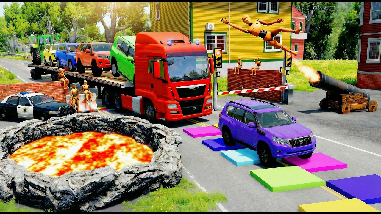 TRANSPORTING PIXAR CARS & FRUITS WITH COLORED & JOHN DEERE vs CLAAS vs TRACTORS - BeamNG.drive#235